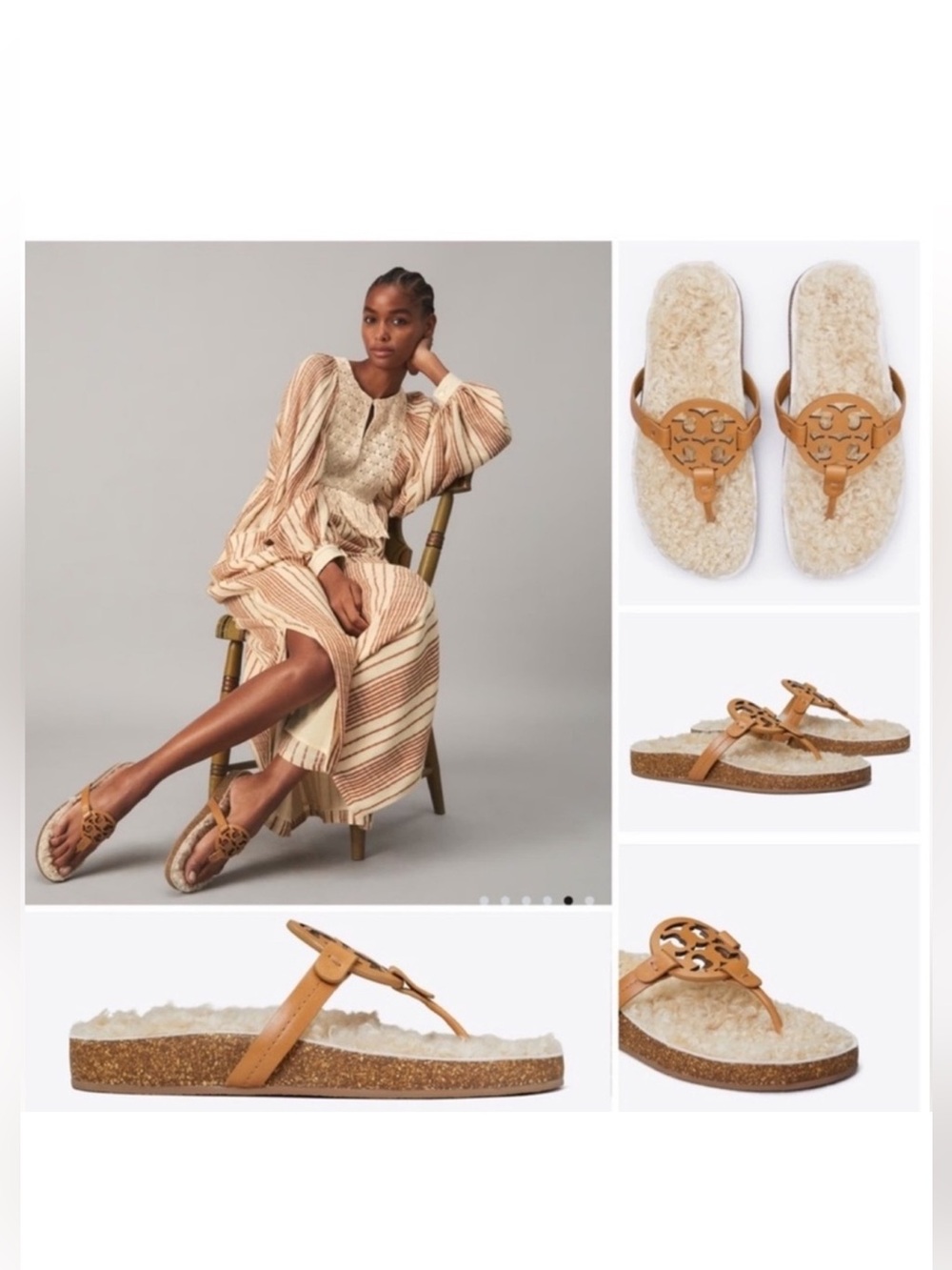 Tory Burch Tan Leather Logo Shearling Thong Sandals Size 6 NWOB!